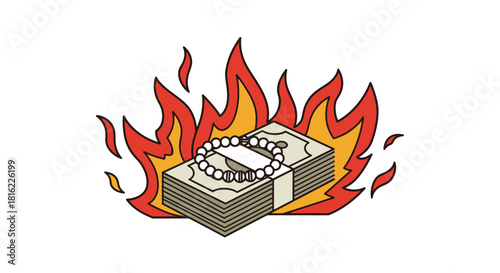 Flaming currency stack embellished with bead string offering a unique monetary concept