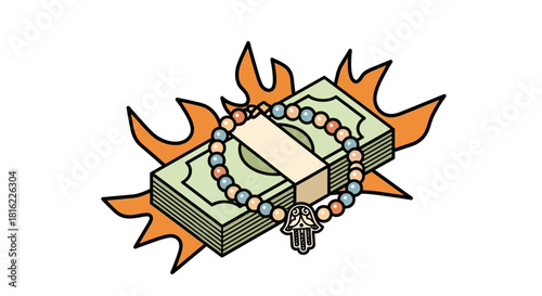 Flaming currency stack embellished with bead string offering a unique monetary concept