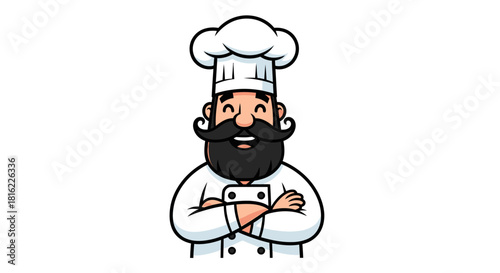 Delightful cartoon character depicting a cheerful chef with a full beard and arms crossed