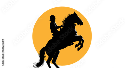 Equestrian silhouette of a horse rearing against the backdrop of a vibrant setting sun or moon