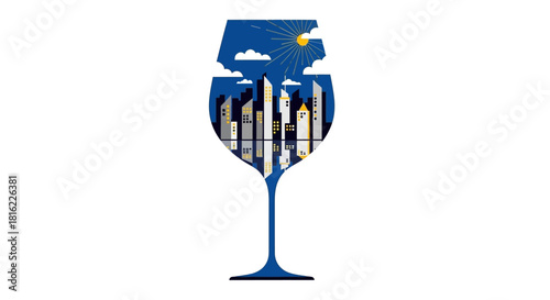 Cityscape in a wine glass silhouette art illustration capturing urban living vibe design