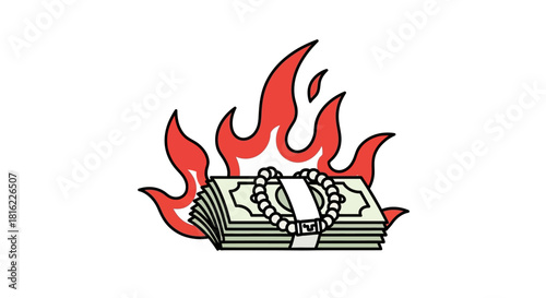 Burning money and jewelry illustration representing financial loss or excessive spending