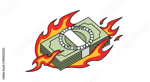 Illustrative depiction of wealth burning, a stack of cash engulfed in flames with bracelet