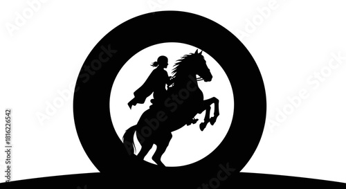 Dramatic Silhouette of Rider on Rearing Horse Framed within Circular Design Element