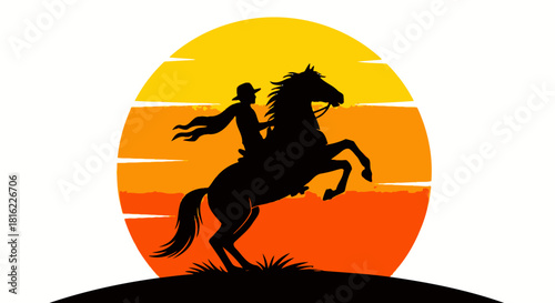 Silhouette of a Horseback Rider in Front of a Vibrant Sunset Backdrop Depicting Freedom