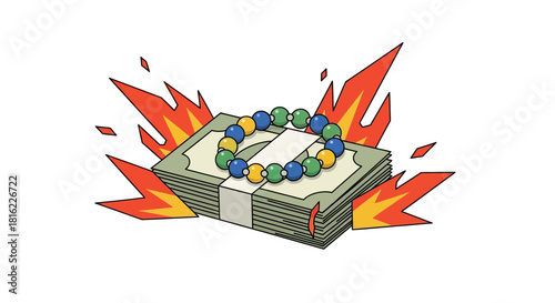 Cartoonish depiction of burning money stack adorned with a beaded necklace artwork