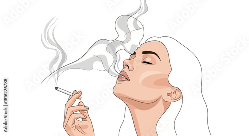 Abstract graphic illustration of a woman smoking against a white background sketch style