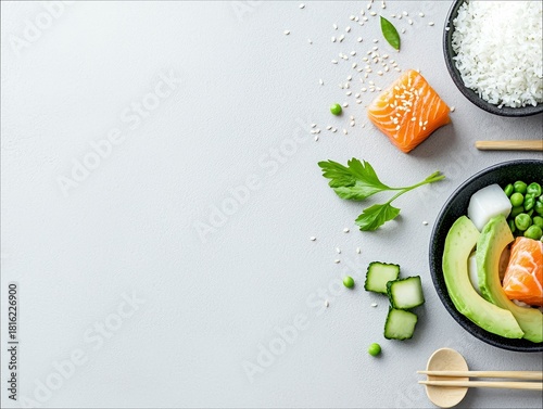 Wallpaper Mural A healthy and vibrant poke bowl featuring fresh salmon, rice, avocado, peas, and cucumber, artfully arranged on a light grey surface. Torontodigital.ca