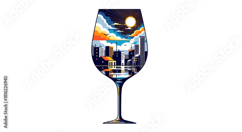 Urban reflections a cityscape captured in the elegance of a wine glass concept