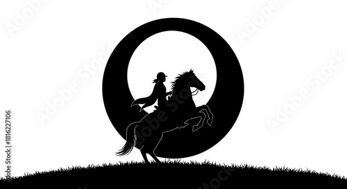 Silhouette of a horse and rider against the moon forming a captivating scene