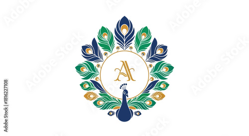 Elegant peacock monogram design adorned with vibrant feathers ideal for branding and identity