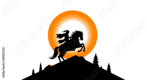 Silhouette of a woman riding a horse against a vibrant yellow sun backdrop
