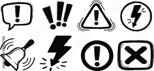 Hand drawn warning icons set featuring exclamation points lightning bolts and other symbols
