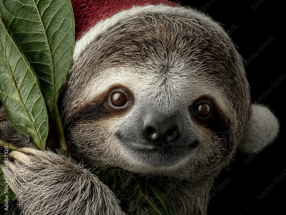 Obraz premium Sloth in a Santa hat holding green leaves celebrates the holiday season