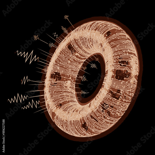 Abstract Brown Torus with Waveforms on a Black Background