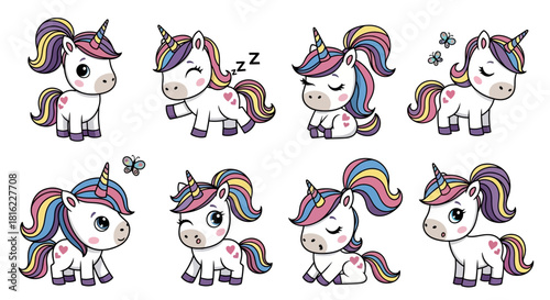A cute collection of cartoon baby unicorns with rainbow manes. Set of magical pony characters in different poses for kids