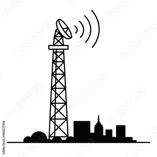 Communication tower with city skyline and broadcast signal waves, symbolizing wireless technology and urban connectivity