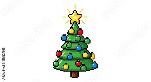 Festive Pixel Art Christmas Tree with Star and Ornaments - A Retro Digital Holiday Decoration