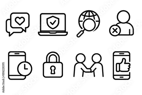 Digital Citizenship Icons. Digital citizenship actions linear icon set: respectful messaging, safe browsing, fact-checking, reporting misuse, managing screen time, protecting data