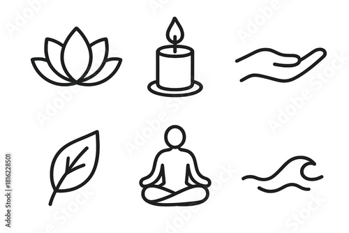Icons of Serenity. Mindful Living linear icon set. lotus flower, candle, open hand, leaf, meditation pose, gentle wave