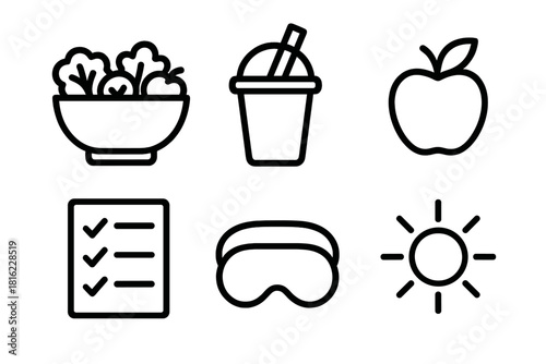 Healthy Living Icons. Healthy Habits linear icon set: salad bowl, smoothie cup, apple, checklist, sleep mask, sun icon