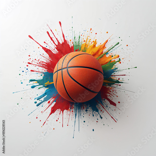 A textured orange basketball is positioned in front of bold multicolor paint splashes bursting outward across a clean white background creating a dynamic energetic visual