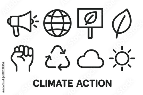 Climate Action Icons. Climate Action linear icon set: megaphone, globe, protest sign, leaf, raised fist, recycling arrows, cloud, sun