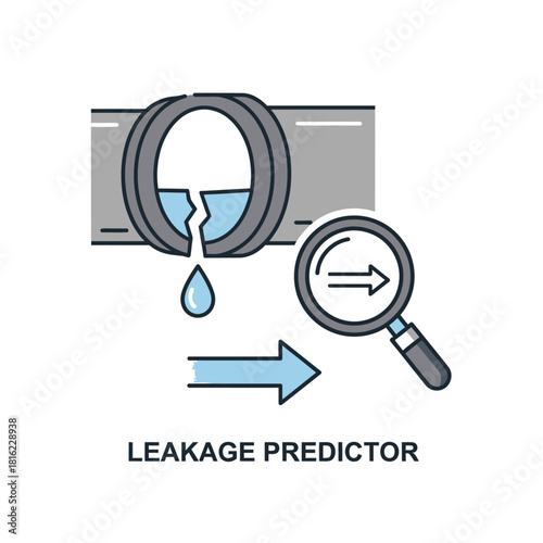 Leakage Predictor Icon Showing Pipe with Cracks, Water Drops, Magnifying Glass and Forward Arrow
