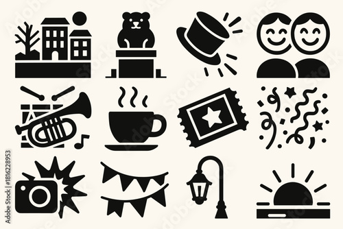 Groundhog Day Icons. Groundhog Day – Celebration Scene silhouette icon set. town square, podium, hat toss, smiling faces, band instruments, coffee cup, ticket, confetti, camera