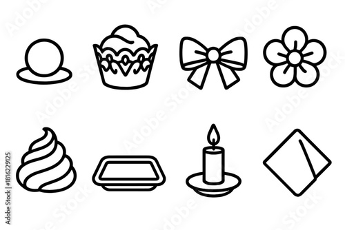 Elegant Dessert Icons. Elegant Treats linear icon set. gold pearl, lace wrapper, ribbon bow, fondant flower, frosting swirl, tray, candle, napkin