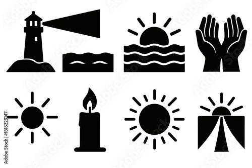 Beacon Icons Collection. Beacon of Hope silhouette icon set. lighthouse, glowing beam, dark sea, rising sun, open hands, candlelight, radiant aura, shining path