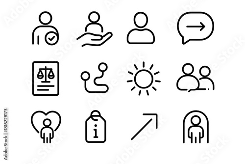 Patient Advocacy Icons. Patient Advocacy Roles Elements Set linear icon set: advocate figure, support hand, patient icon, guidance bubble, rights document, care pathway, clarity