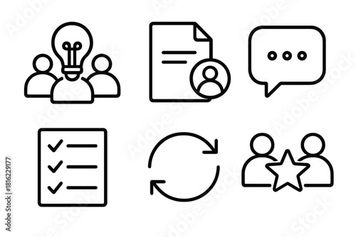 Collaborative Icon Set. Collaborative Creative Set linear icon set: group idea circle, shared file, comment bubble, task panel, sync arrows, co-creation symbol