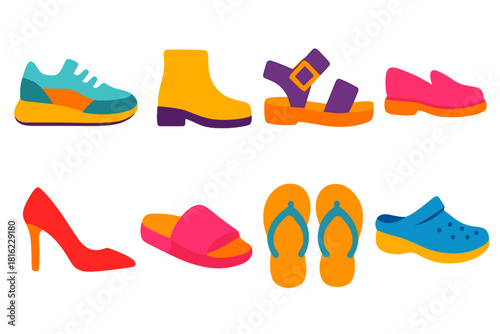 Footwear Icons Collection. Modern Styles flat icon set: sneakers, boots, sandals, loafers, heels, slippers, flip-flops, clogs
