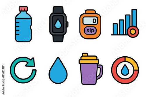 Hydration Tools Icons. Water Consumption Tools flat icon set: marked bottle, tracker band, sip counter, hydration chart, refill arrow, droplet icon, insulated cup, goal indicator
