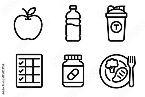 Healthy Living Icons. Nutrition Guidance linear icon set. apple, water bottle, protein shake, meal plan, supplement jar, healthy plate