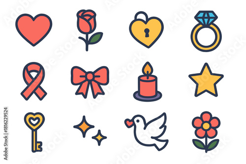 Modern Love Icons. Love Charms flat icons set. heart, rose, locket, ring, ribbon, bow, candle, star, sparkle, key, dove, flower.