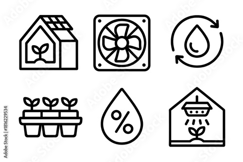 Sustainable Greenhouse Icons. Sustainable Greenhouse Set linear icon set: solar-powered roof, ventilation fan, water recirculation, seed tray, humidity gauge, LED grow light