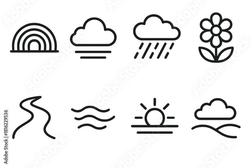 Rainy Day Icons. Post-Rain Calm linear icon set: rainbow curve, clear sky, light drizzle, blooming flower, wet path, gentle breeze, shining sun, serene landscape