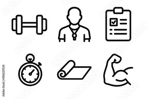 Personal Training Icons. Personal Training linear icon set. dumbbell, stopwatch, trainer icon, clipboard plan, gym mat, muscle flex