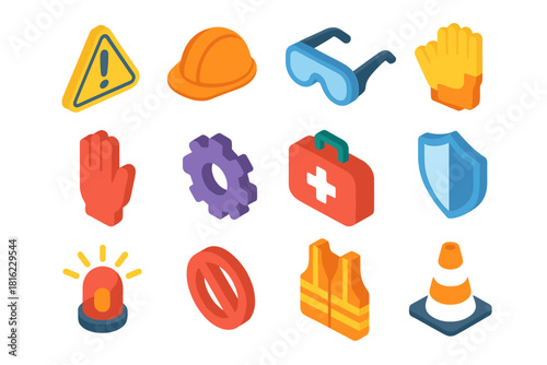 Safety Icon Set. Accident Prevention flat icons set. caution sign, helmet, goggles, safety gloves, stop hand, gear, first aid kit, shield, warning light, no entry sign, vest