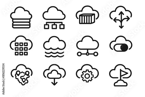 Cloud Deployment Icons. Cloud Deployment Icons linear icon set: cloud stack, scalable nodes, container icon, orchestration arrows, cluster grid, rollout wave, load balancer symbol