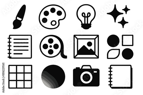 Brutalist Icon Set. Creative Discovery silhouette icon set: paintbrush, color palette, idea bulb, sparkles, notebook, film reel, art frame, abstract shapes, design grid, gradient