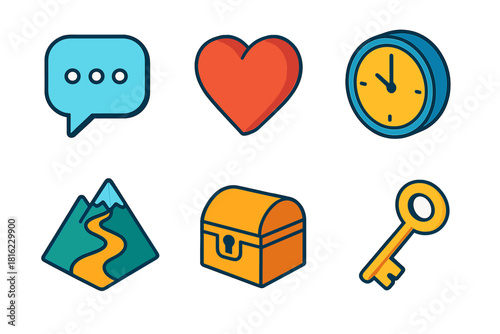 Isometric Narrative Icons. Narrative Elements flat icons set. speech bubble, heart, clock, mountain path, treasure chest, key