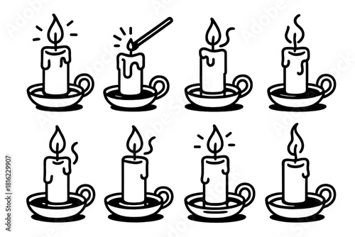 Candlelight Serenity Icons. Serene Candlelight linear icon set. wax candle, matchstick spark, melted edge, ceramic holder, calm reflection, glowing warmth, delicate smoke, dim room