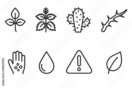 Toxic Plant Icons. Toxic plants concept linear icon set: poison ivy, nettle, cactus, thorn branch, blistered skin, droplet, warning sign, leaf