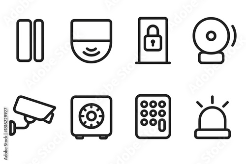 Home Security Icons. Home Security Symbols linear icon set: door sensor, motion detector, window lock, alarm bell, camera outline, safe box, entry keypad, protective light