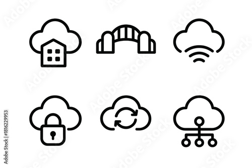 Hybrid Cloud Network Icons. Hybrid Cloud linear icon set. private cloud, public cloud, connection bridge, secure lock, sync arrows, network diagram.