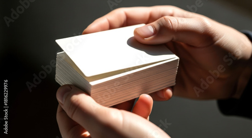 Hands Holding Stack of Blank White Business Cards for Design