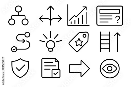 Strategic Risk Icons. Strategic Risk Planning linear icon set: decision nodes, branching arrows, impact chart, scenario panel, mitigation path, clarity beam, priority tag, risk